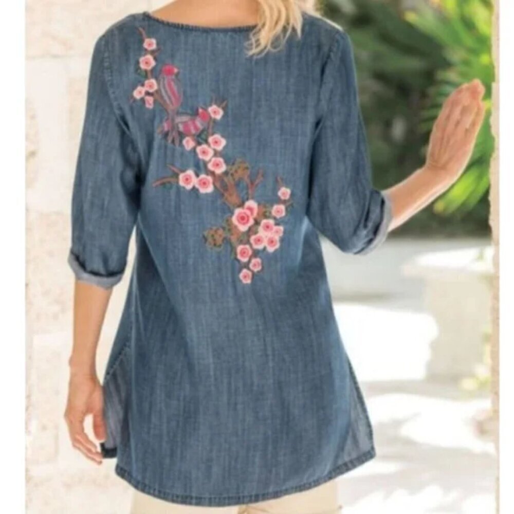 Soft Surroundings Embroidered Bird Cherry Blossom Chambray Tencel Tunic Size XS